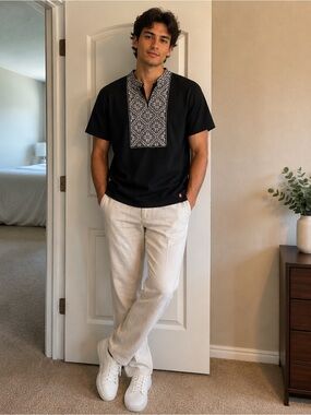 Black Short-Sleeve Polo with Embroidered Bib. Ukrainian. Veshevanka